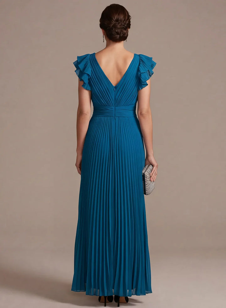 Veloria Peacock Blue Pleated Chiffon A-Line Gown with Flutter Sleeves