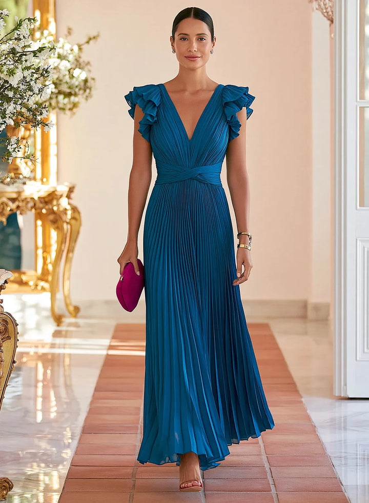 Veloria Peacock Blue Pleated Chiffon A-Line Gown with Flutter Sleeves