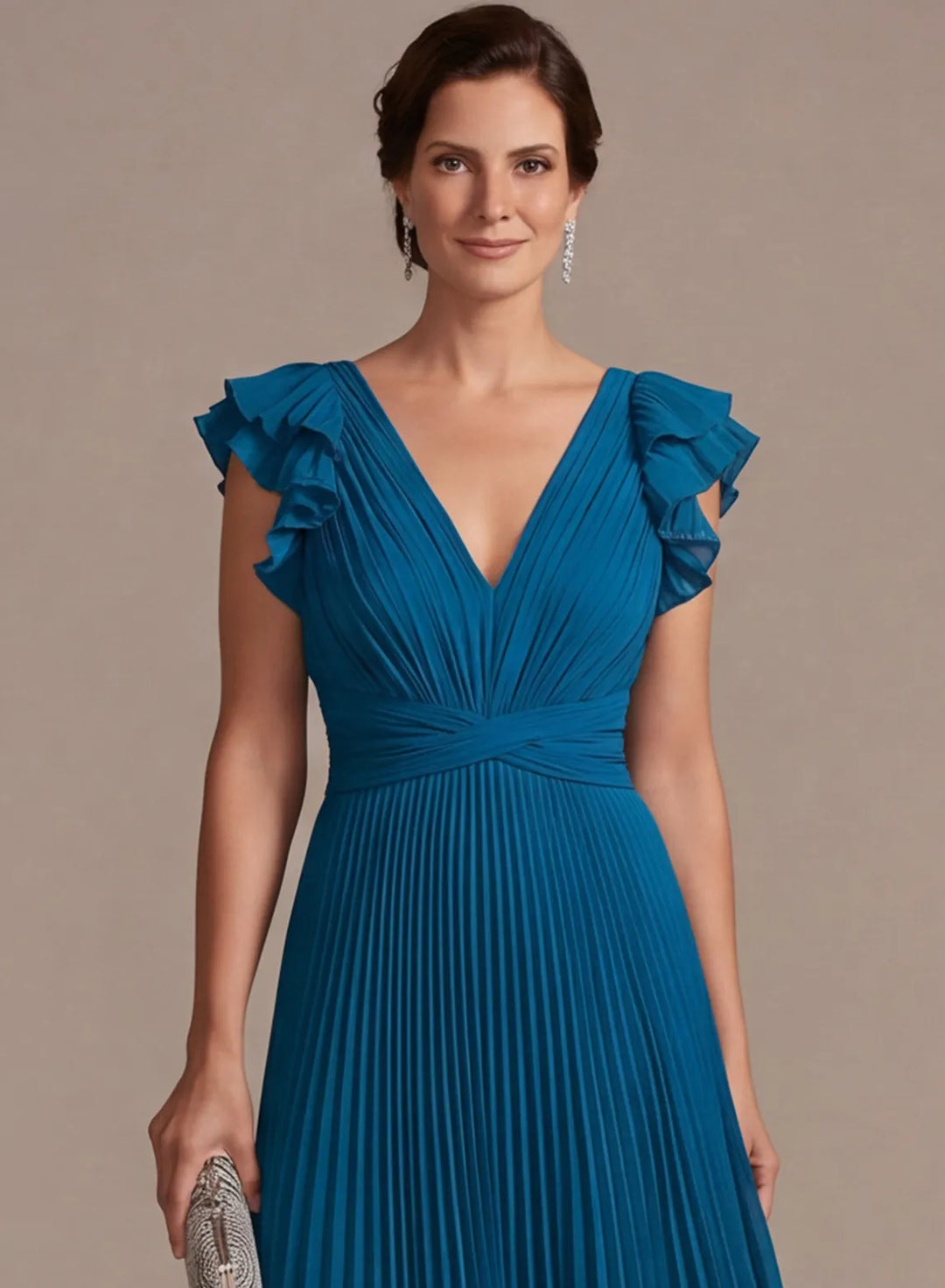 Veloria Peacock Blue Pleated Chiffon A-Line Gown with Flutter Sleeves