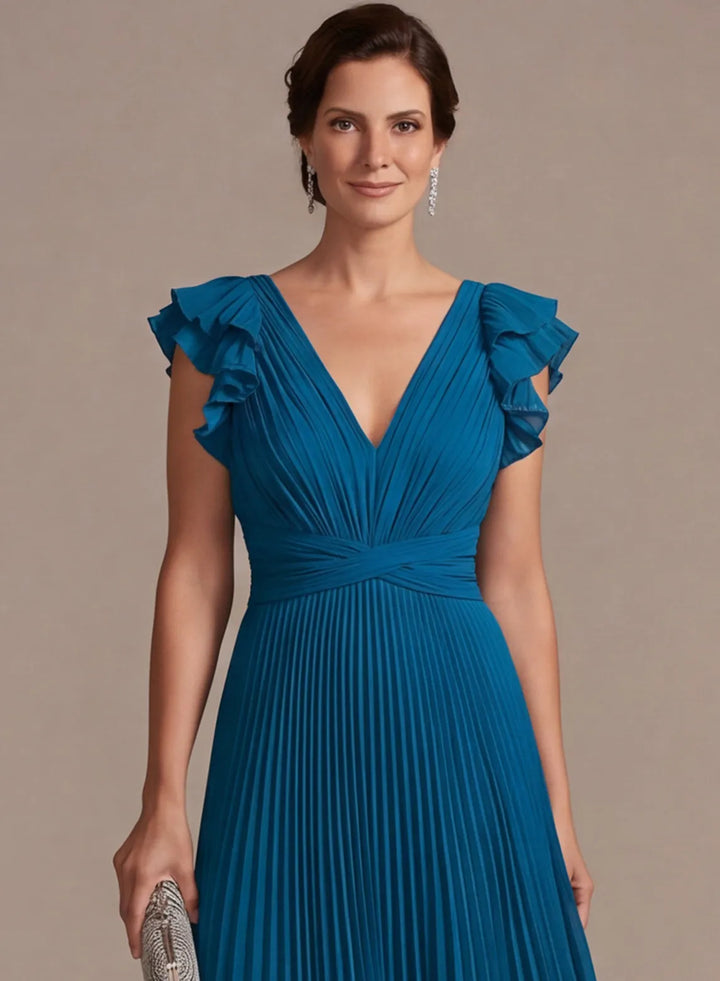 Veloria Peacock Blue Pleated Chiffon A-Line Gown with Flutter Sleeves
