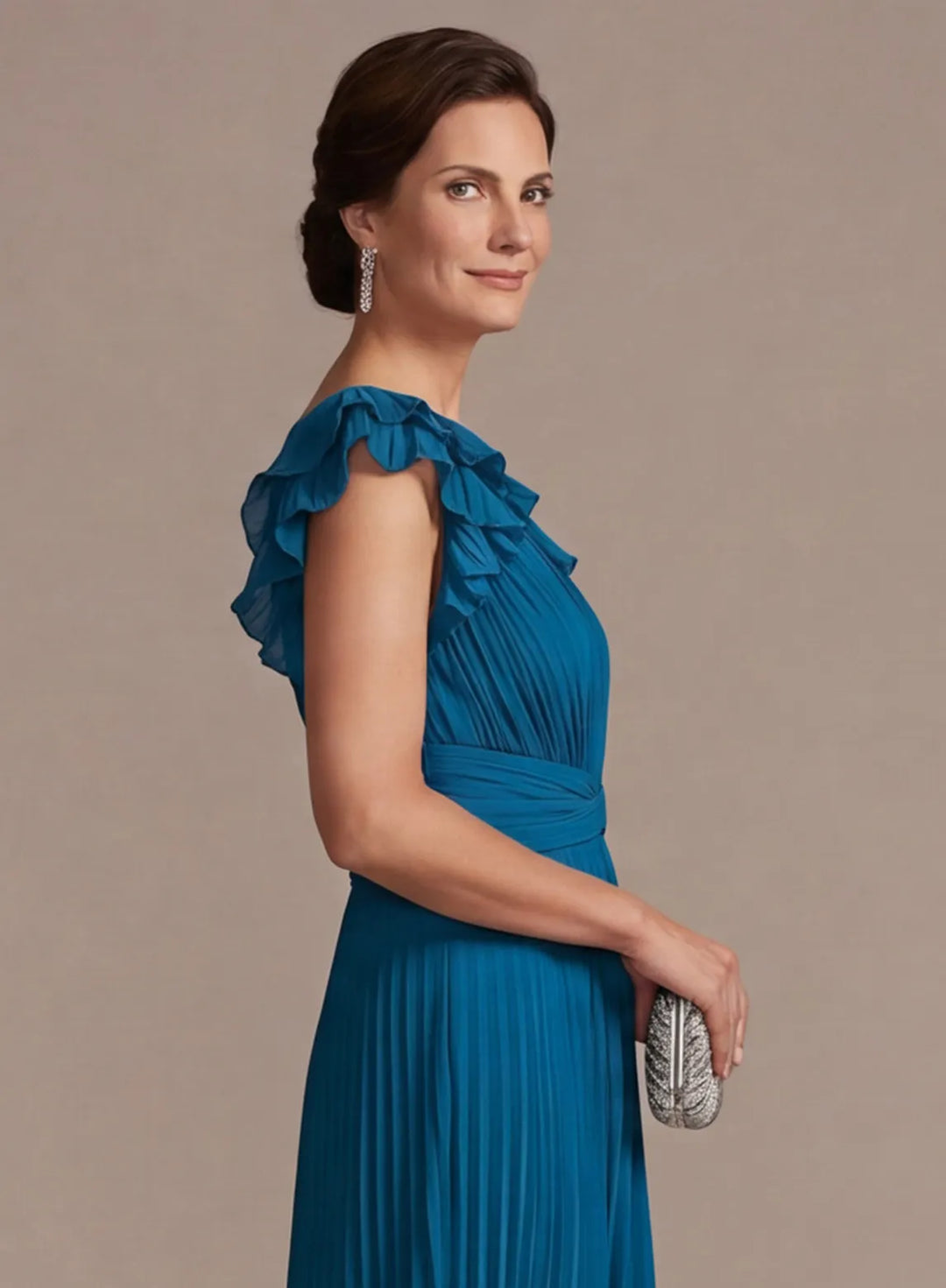 Veloria Peacock Blue Pleated Chiffon A-Line Gown with Flutter Sleeves