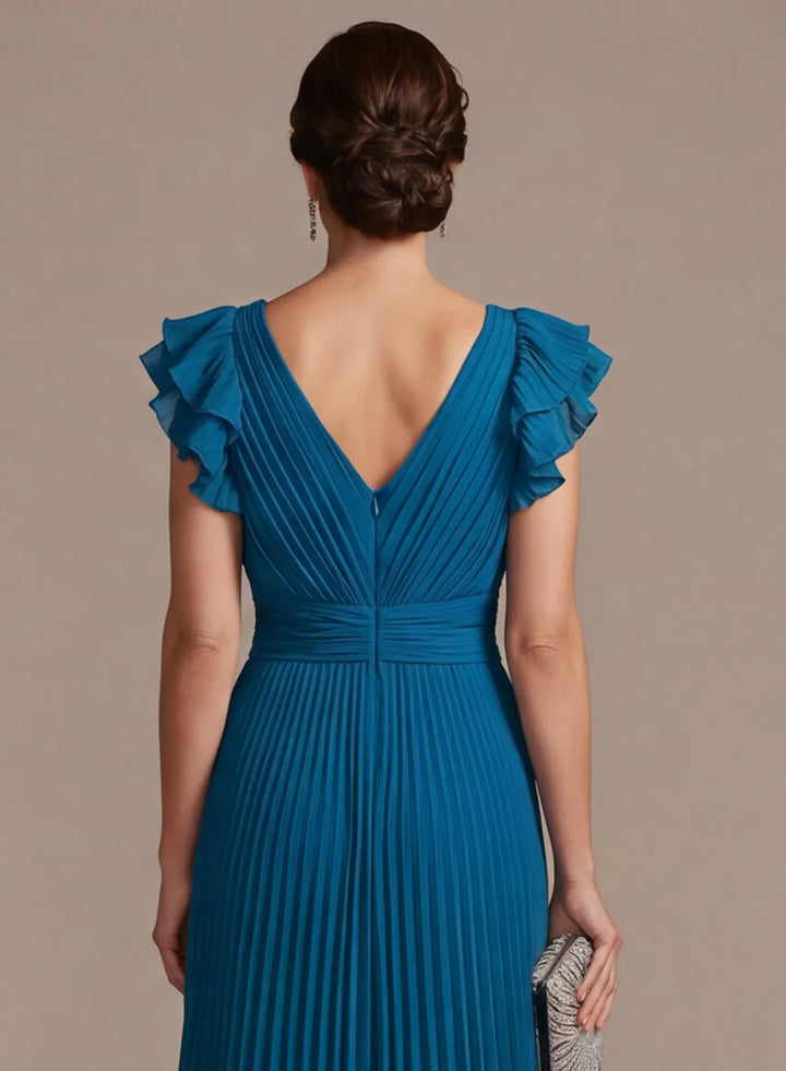 Veloria Peacock Blue Pleated Chiffon A-Line Gown with Flutter Sleeves