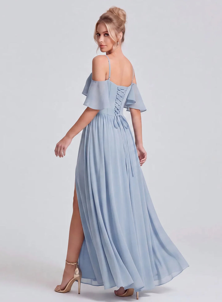 Veloria Dusty Blue Chiffon Flutter Sleeve Bridesmaid Dress with Lace-Up Back