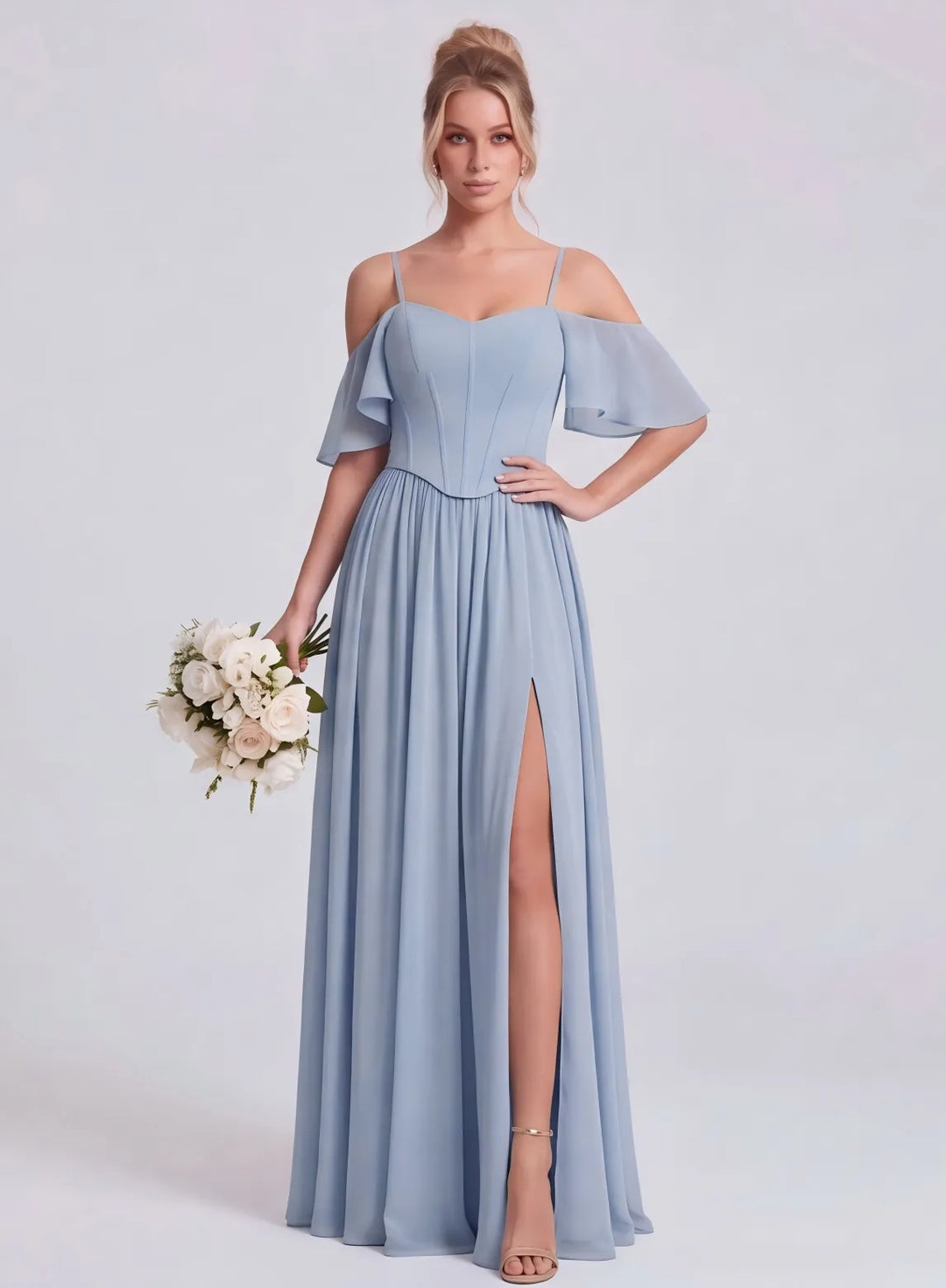 Veloria Dusty Blue Chiffon Flutter Sleeve Bridesmaid Dress with Lace-Up Back