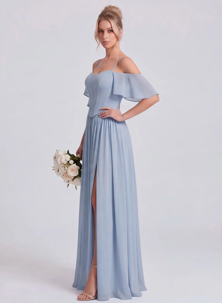 Veloria Dusty Blue Chiffon Flutter Sleeve Bridesmaid Dress with Lace-Up Back