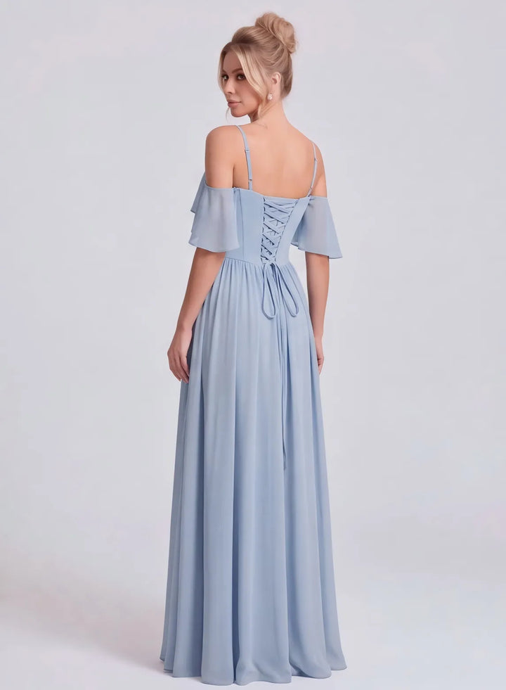 Veloria Dusty Blue Chiffon Flutter Sleeve Bridesmaid Dress with Lace-Up Back
