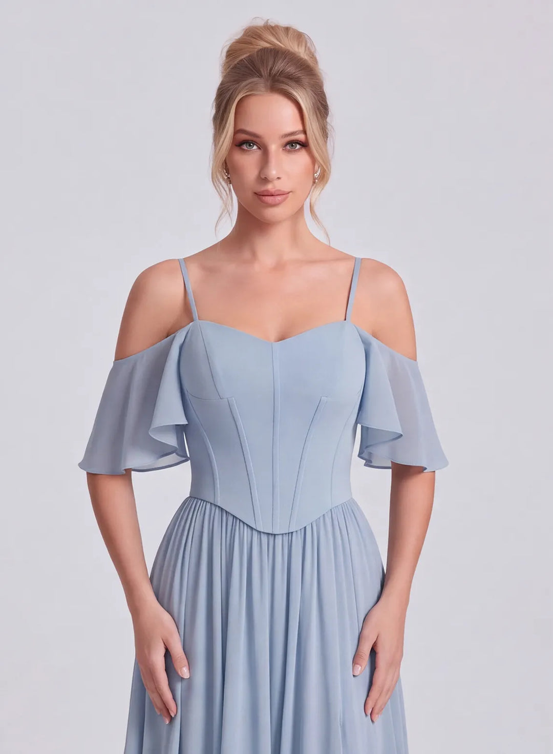 Veloria Dusty Blue Chiffon Flutter Sleeve Bridesmaid Dress with Lace-Up Back