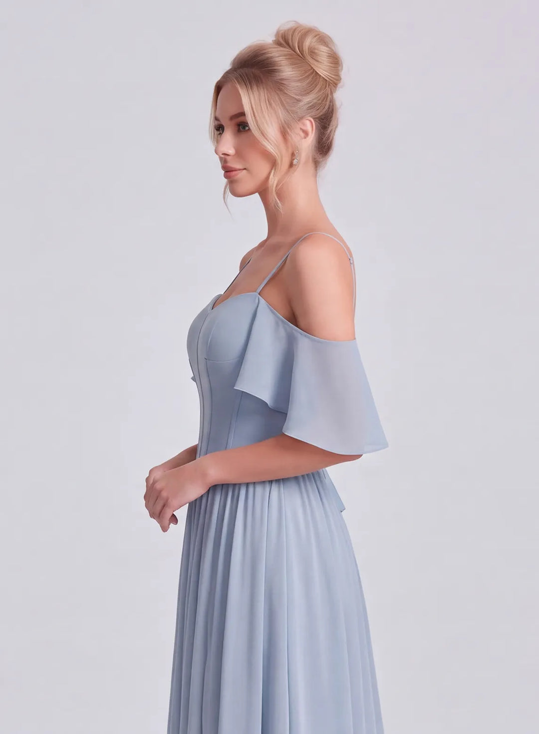Veloria Dusty Blue Chiffon Flutter Sleeve Bridesmaid Dress with Lace-Up Back