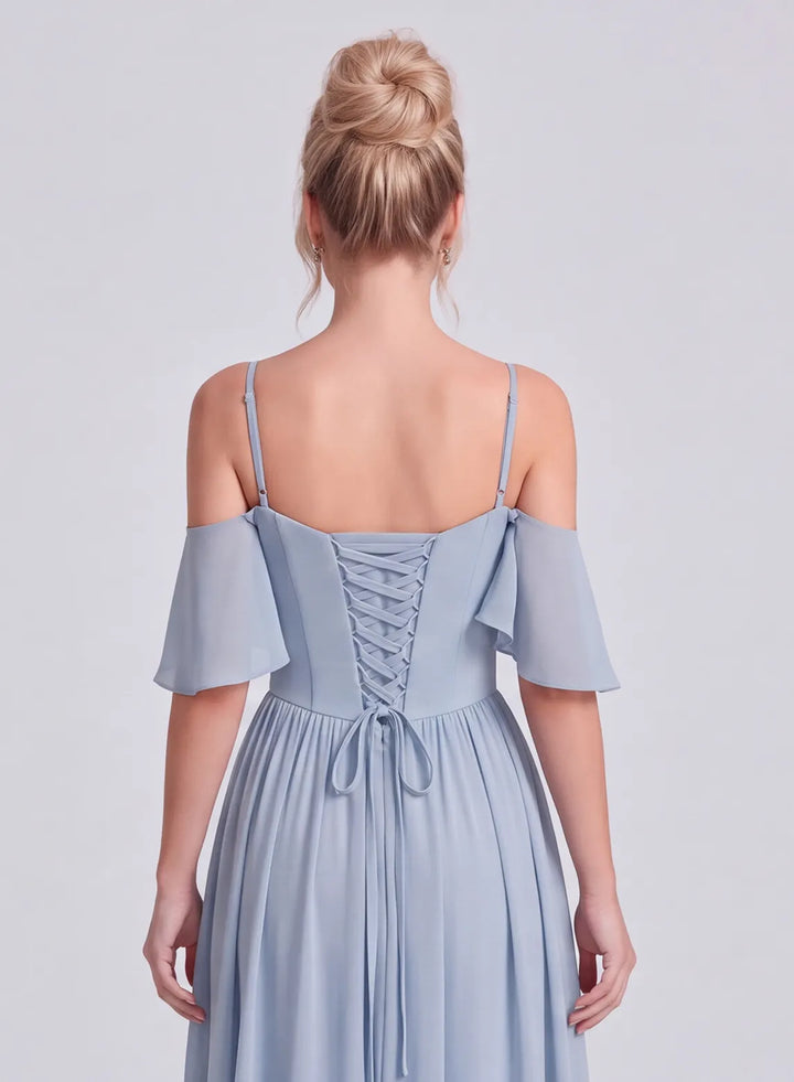 Veloria Dusty Blue Chiffon Flutter Sleeve Bridesmaid Dress with Lace-Up Back