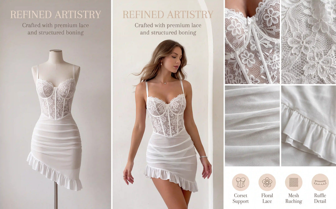 Floral Lace Bustier Lingerie Set with Sheer Ruffle Skirt