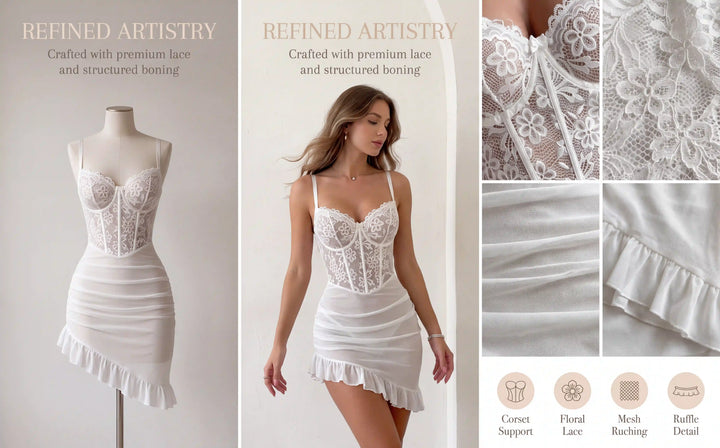 Floral Lace Bustier Lingerie Set with Sheer Ruffle Skirt