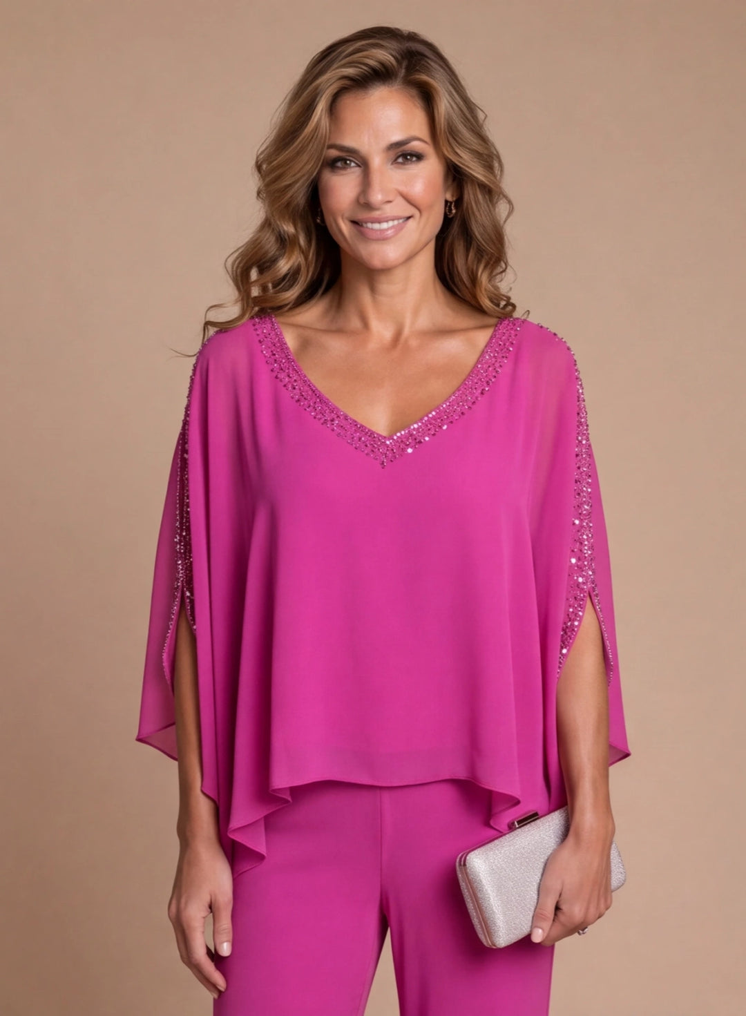 Beaded V neck fuchsia cape top detail for elegant formal outfit