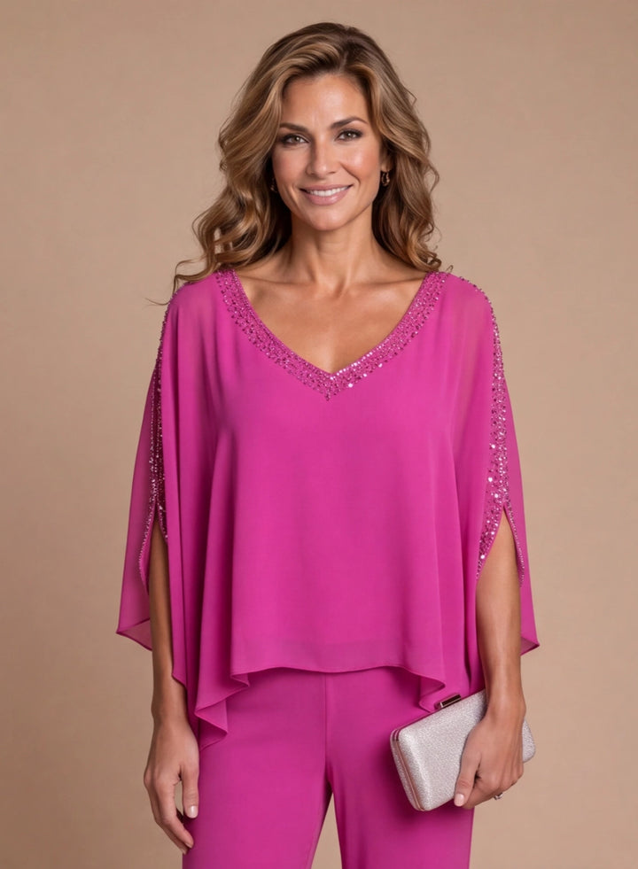 Beaded V neck fuchsia cape top detail for elegant formal outfit