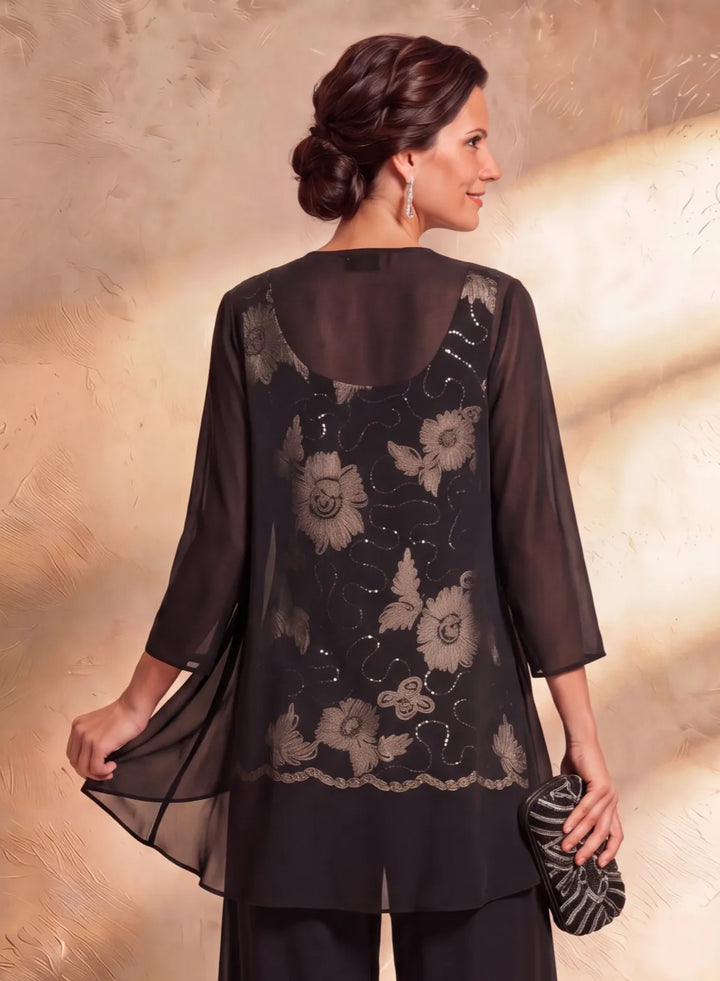 Black floral embroidered formal pantsuit with sheer sleeves for wedding guests