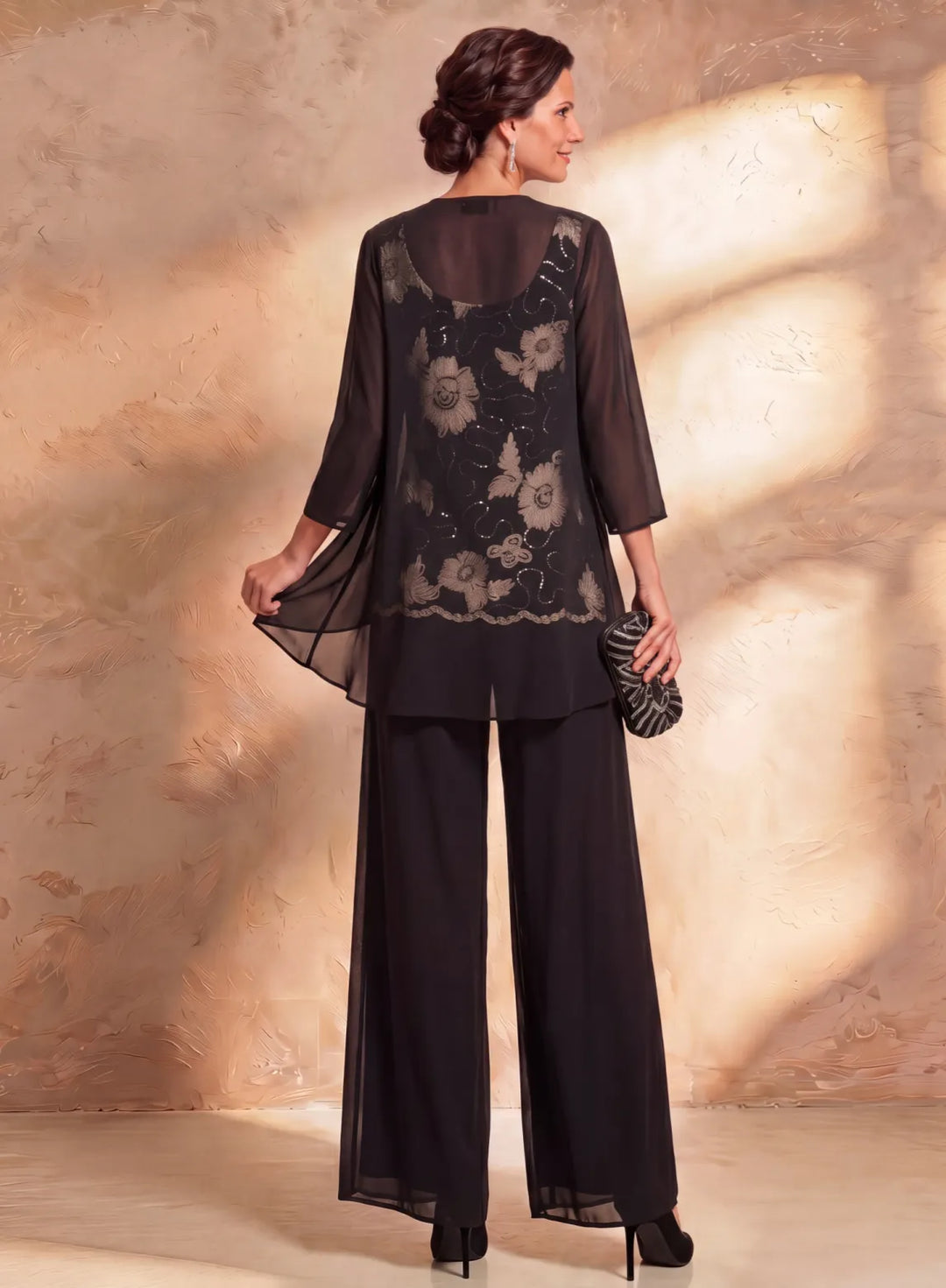 Black floral embroidered formal pantsuit with sheer long sleeves