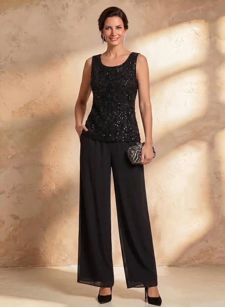 Black formal evening pant suit with chiffon jacket and elegant wide leg pants