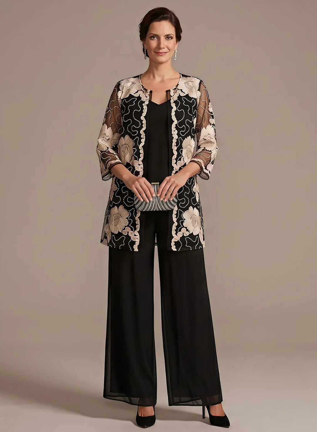 Black formal evening pant suit with floral lace jacket and elegant wide leg pants