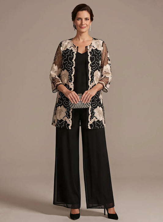 Black formal evening pant suit with floral lace jacket and elegant wide leg pants