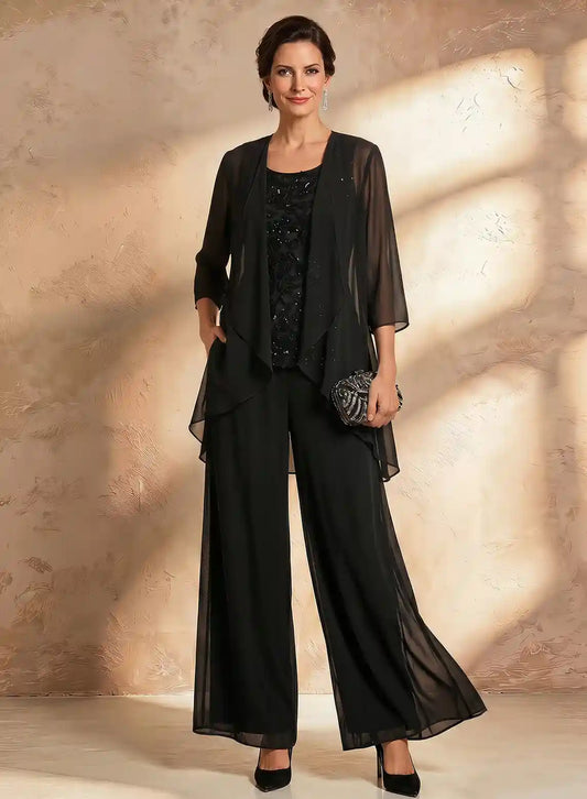 Black mother of the bride pant suit with chiffon jacket and elegant wide leg pants