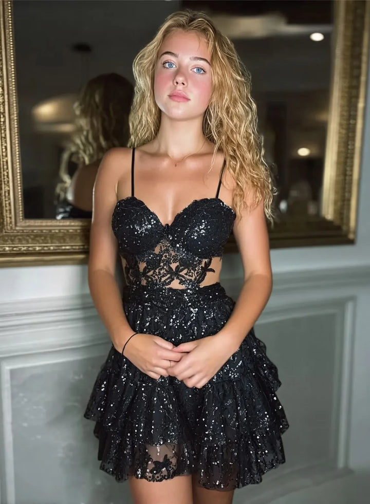 Black sequin mini dress with lace cutout waist and spaghetti straps, sparkling short formal party dress