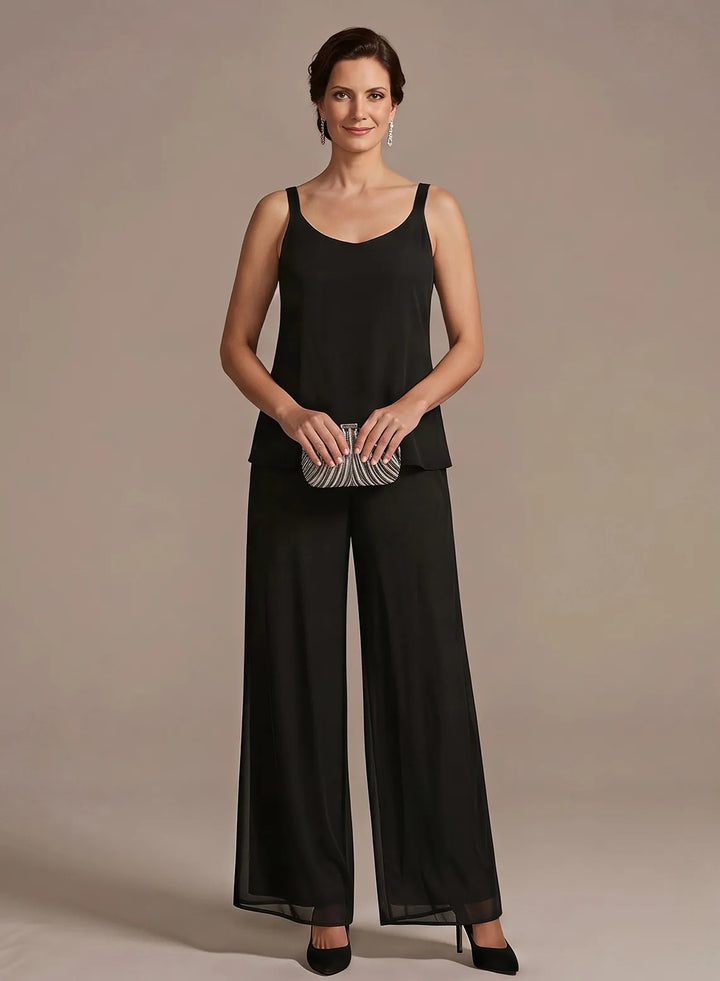 Black wide leg evening pantsuit with a sleek silhouette and sophisticated formal style