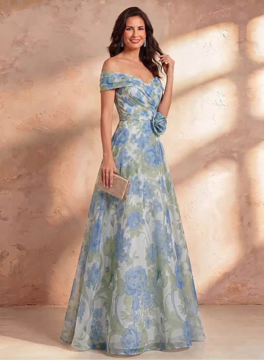 Blue floral A-line formal dress with off shoulder neckline and flowing floor length skirt