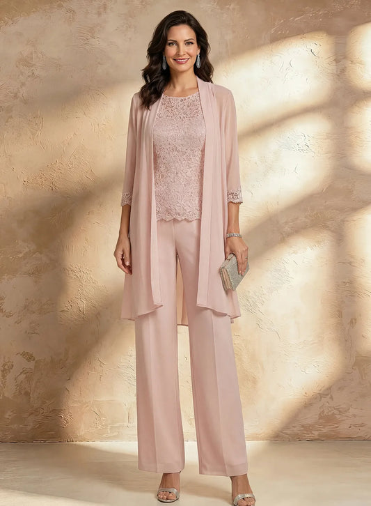 Elegant blush pink lace 3-piece mother of the bride pantsuit with chiffon jacket and wide leg pants for weddings and formal occasions
