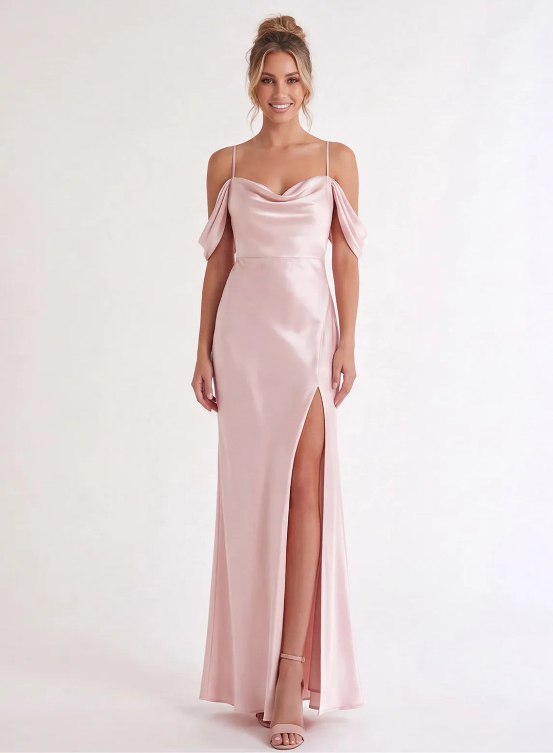 Blush pink bridesmaid dress front view, elegant long formal gown for wedding party