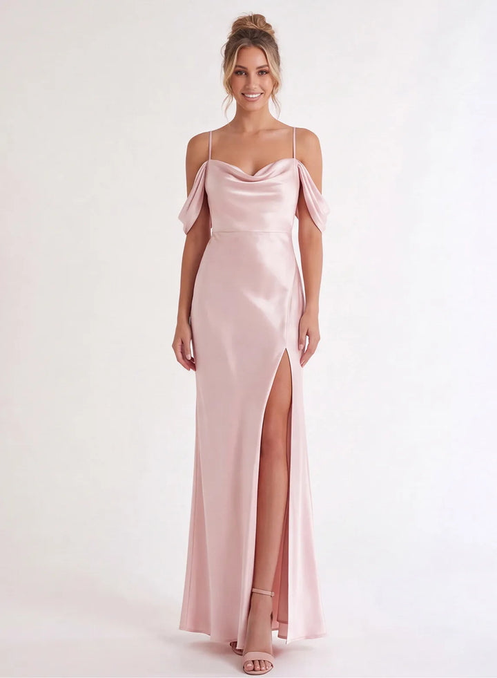 Blush pink bridesmaid dress front view, elegant long formal gown for wedding party