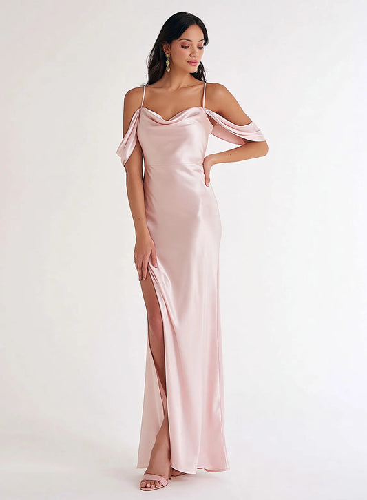 Blush pink bridesmaid gown side detail, romantic wedding guest formal dress