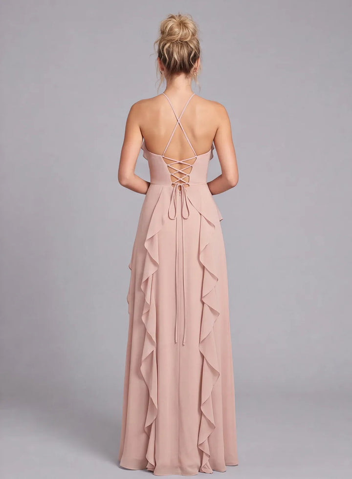 Blush pink chiffon bridesmaid dress with open back