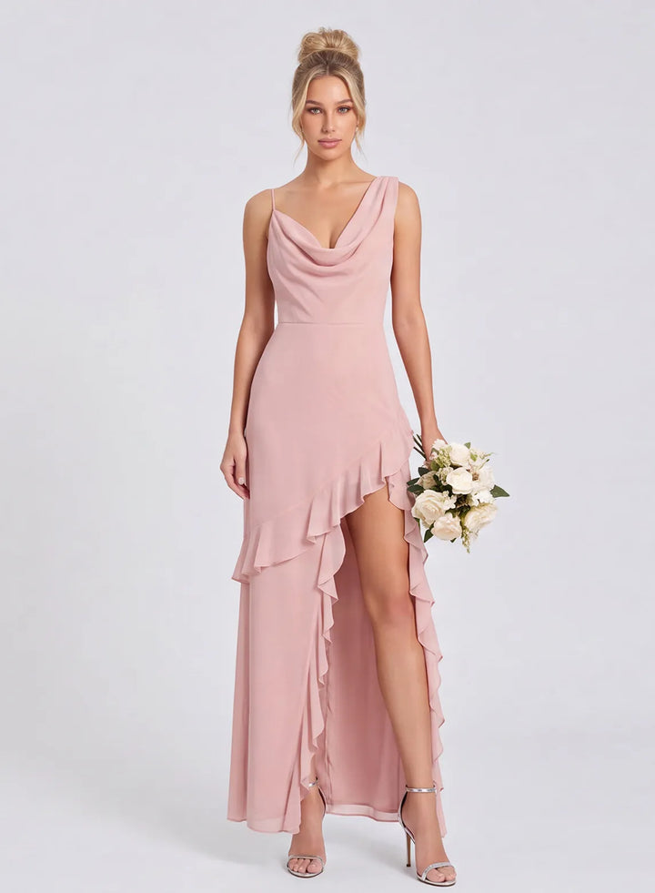 Blush pink chiffon bridesmaid dress with cowl neck and high-low ruffle skirt front view