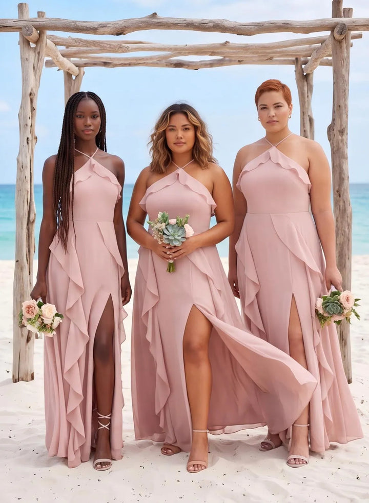 Blush pink chiffon bridesmaid dresses for wedding party