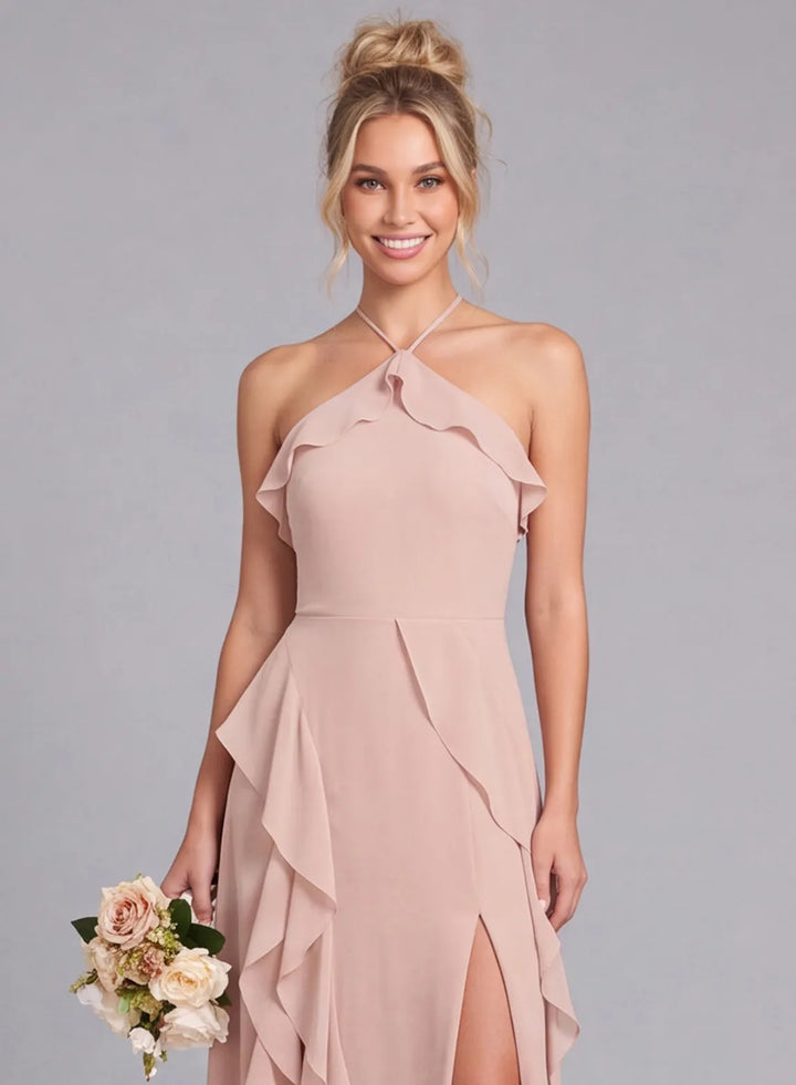 Blush pink chiffon halter bridesmaid dress detail