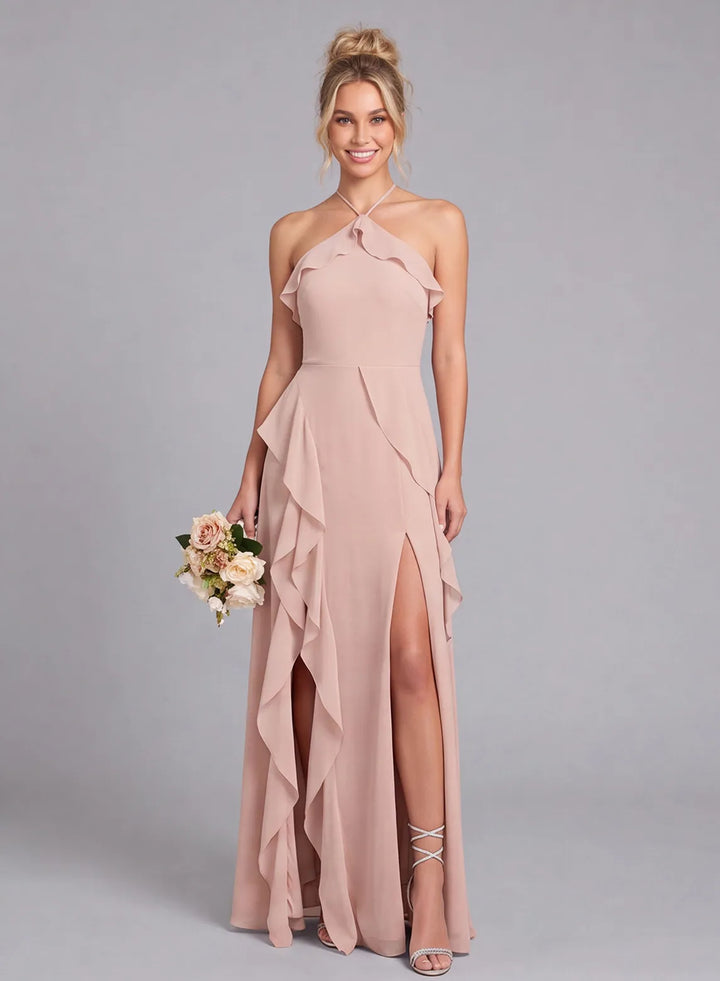 Blush pink chiffon halter bridesmaid dress front view