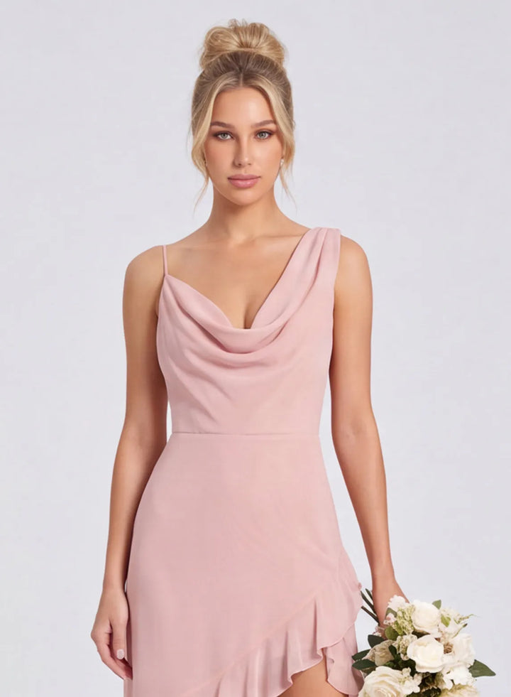 Blush pink cowl neck chiffon bridesmaid dress with spaghetti straps
