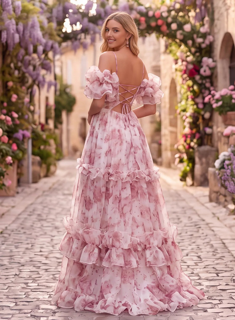 Pink floral organza prom dress with open lace-up back