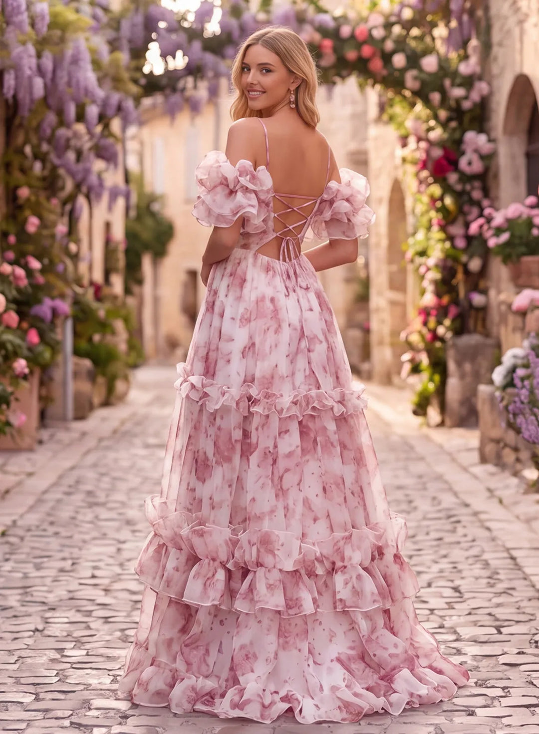 Pink floral organza prom dress with open lace-up back