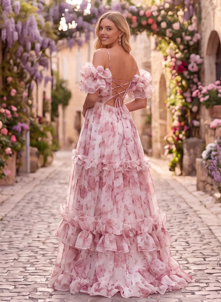 Pink floral organza prom dress with open lace-up back