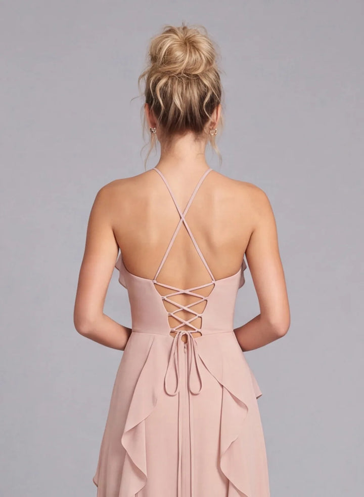 Blush pink halter bridesmaid dress with open back