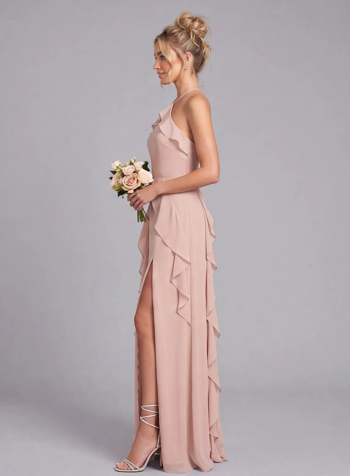 Blush pink halter bridesmaid dress side view