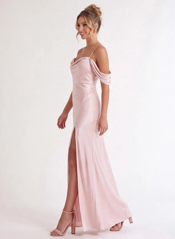 Blush pink long bridesmaid dress side view with elegant floor length silhouette