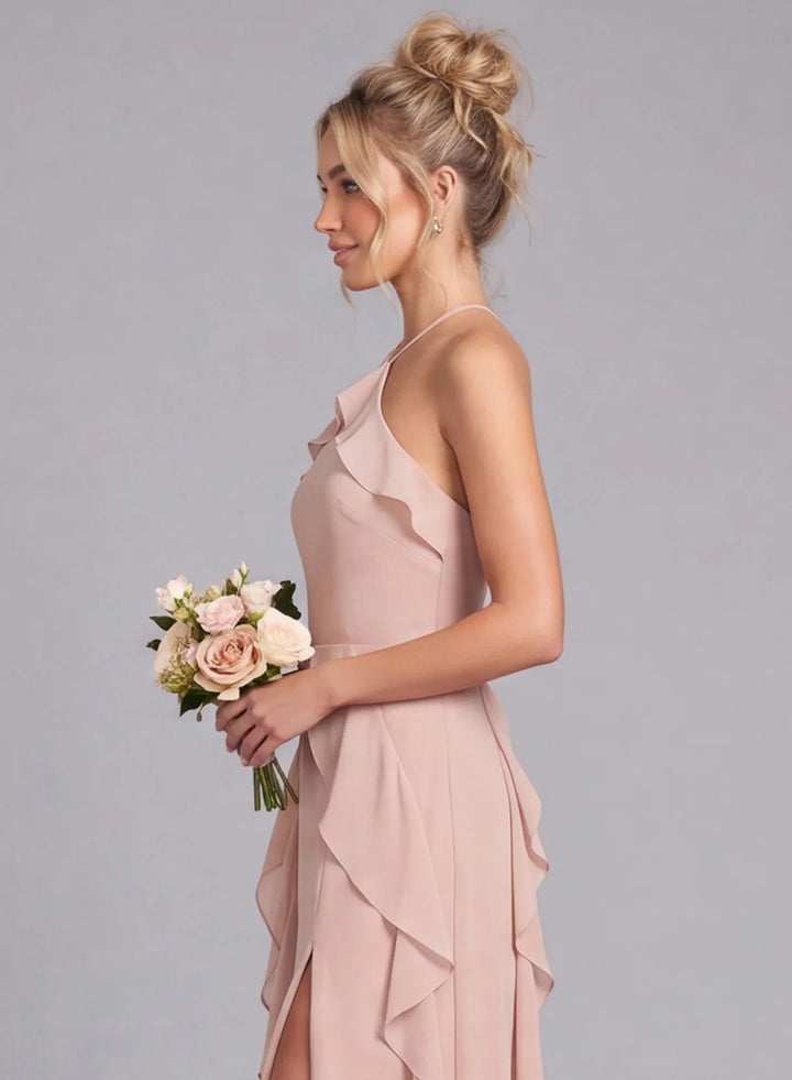 Blush pink chiffon bridesmaid dress side and open back view