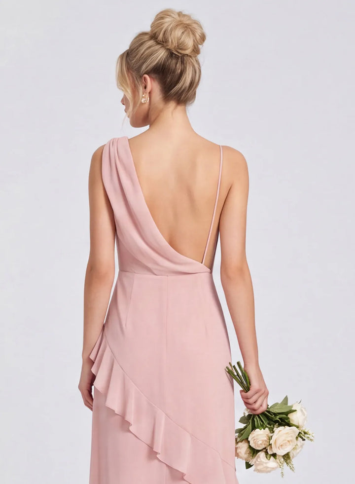 Blush pink open back bridesmaid dress with layered ruffle high-low skirt