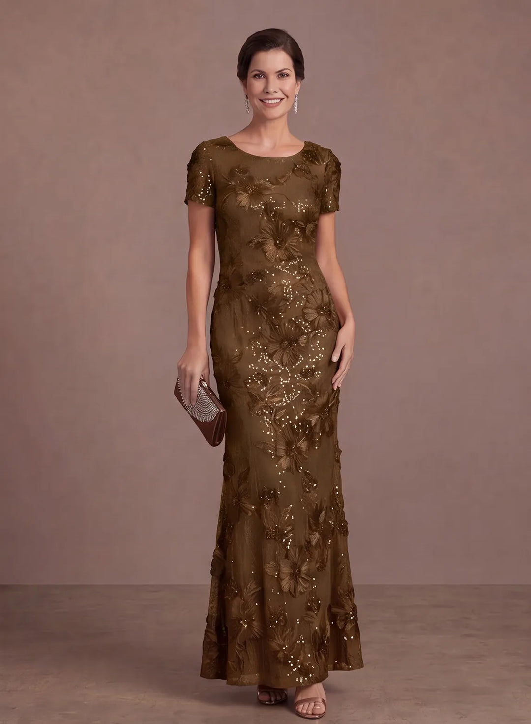 Bronze brown formal evening gown with shimmering floral sequin embellishments