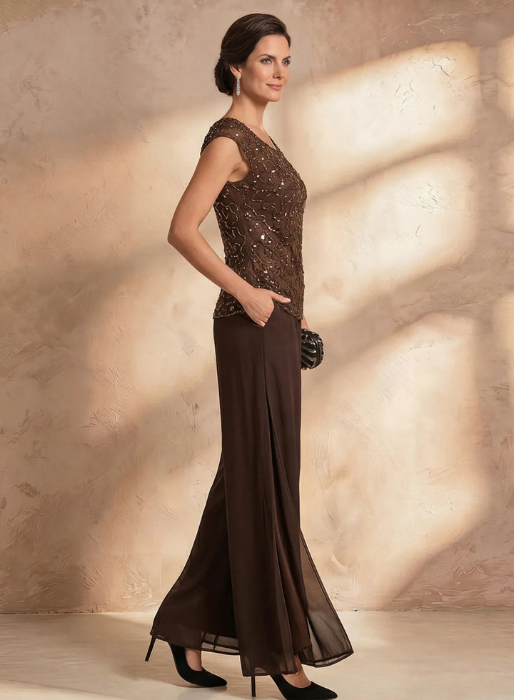 Elegant brown evening pantsuit for women with lace detail and lightweight jacket