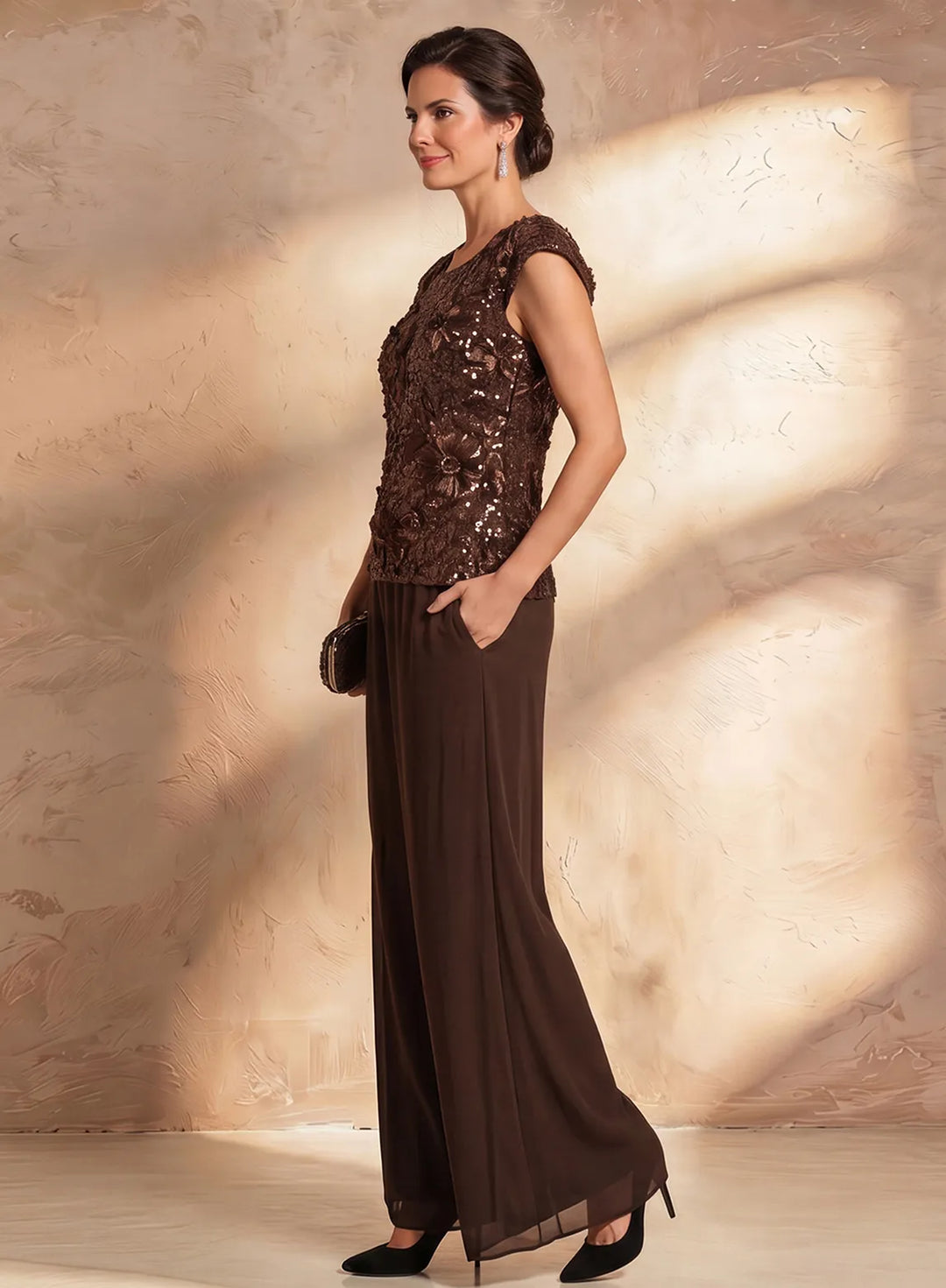 Elegant brown evening pantsuit for women with floral lace blouse and matching jacket