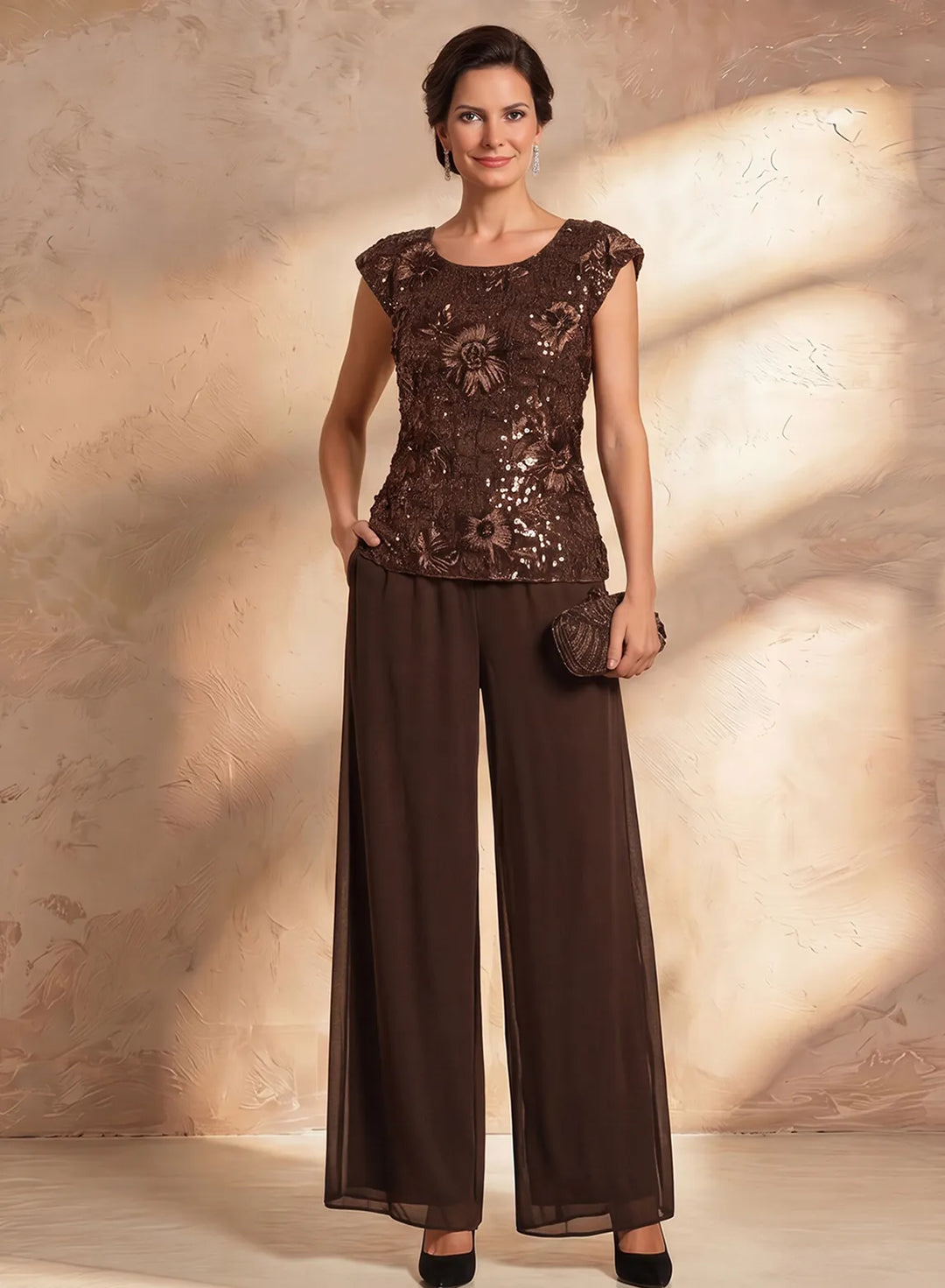 Brown floral embroidered formal top with lace details for mother of the bride outfit