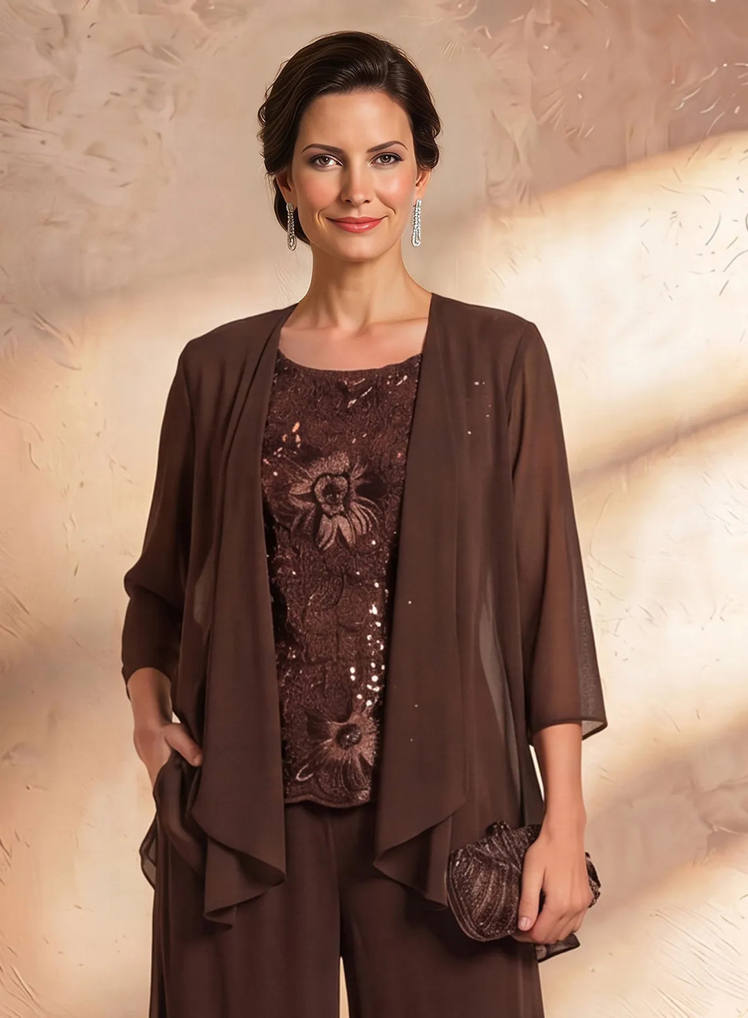 Brown floral lace mother of the bride pantsuit with embroidered top and chiffon jacket, elegant wedding outfit