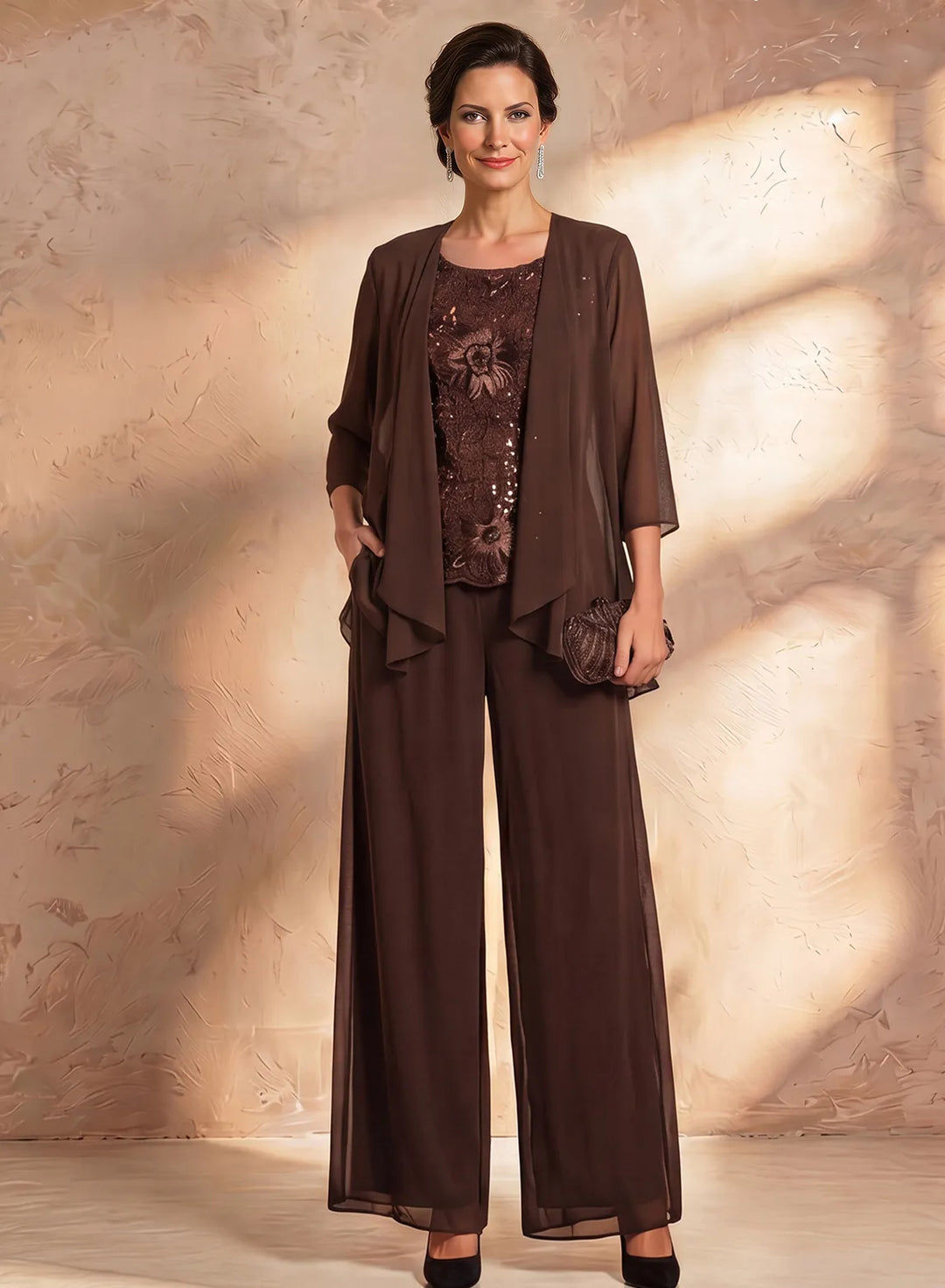Brown floral lace mother of the bride pantsuit with embroidered top and chiffon jacket, elegant wedding outfit